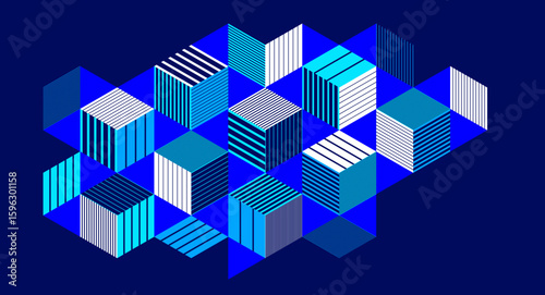 Dark blue vector abstract geometric background with cubes and different rhythmic shapes, isometric 3D abstraction art displaying city buildings forms look like, op art.