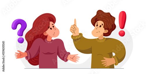 Young man has a good answer to a woman question and doubts, vector illustration of young people helping each other to solve some problem.