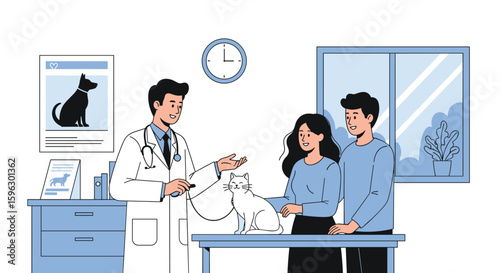 Veterinarian consulting with pet owners about animal health and wellness in a clinic setting