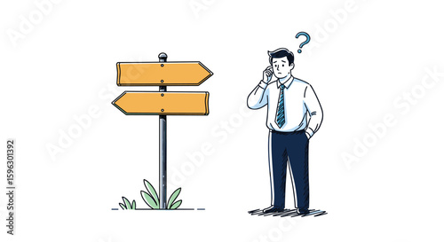 Man standing at crossroads holding phone looking confused by direction sign post uncertainty decision making