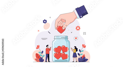 Illustrating generosity and kindness people contributing hearts to a jar for a noble cause