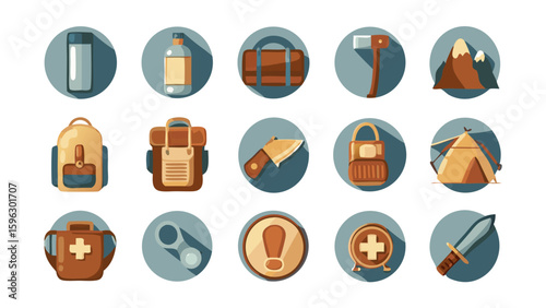 Iconic Elements for Camping & Mountain Treks,  Minimalist Outdoor & Trail Icons, Hiking Story Highlight, Travel Blog Graphics, Survival RPG Game UI Icon Set; Vector Assets for Adventure Gaming