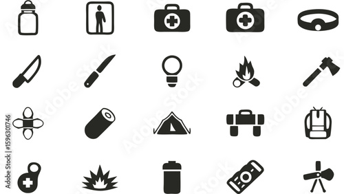 Wilderness Essentials Outdoor Icon Set Silhouette, Iconic Elements for Camping & Mountain Treks