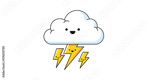 Adorable cartoon cloud delivering flashing lightning bolts with cute faces and a smiling expression