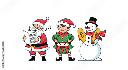 Festive holiday characters performing music together celebrating christmas joy and merriment