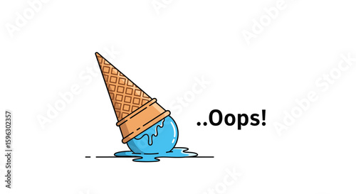 An artistic illustration of a blue ice cream cone that has fallen over melting on a white background with the word oops