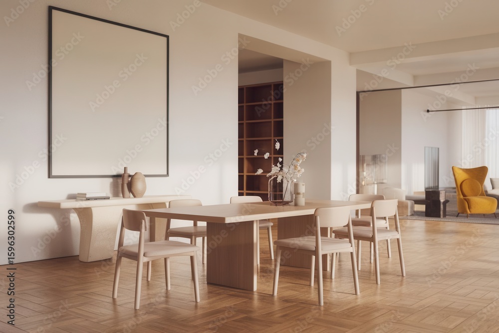 Fototapeta premium Contemporary dining room interior design featuring minimalist furnishings