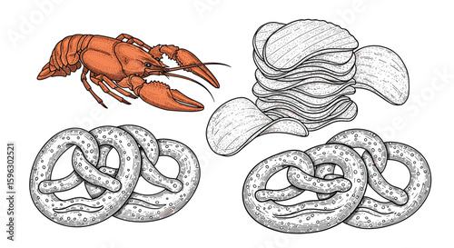 Sumptuous appetizers including a delicious lobster and baked pretzels with layers of chips and sandwiches