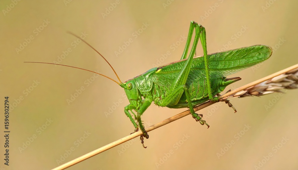 Green Grasshopper on Blade of Grass in Natural Habitat with Soft Bokeh Background Green Grasshopper on Blade of Grass in Natural Habitat with Soft Bokeh Background