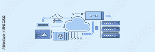 Grid of flat cloud hosting icons with servers, cables, and devices