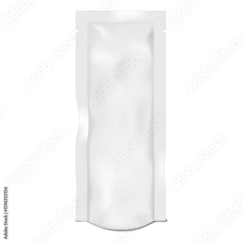 Tall narrow stand-up pouch. 3d mockup. Blank white bottom gusseted sachet packet with tear notches. Realistic vector mock-up. Plastic standup bag package. Template for design