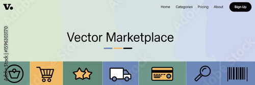 Minimalist e-commerce header with icons for online shopping and reviews