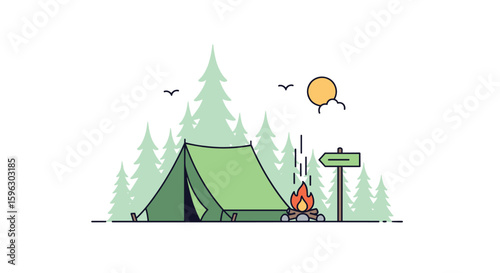 Cozy green tent and crackling campfire under bright sun surrounded by tall evergreen trees with birds flying