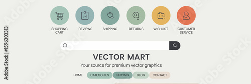 Minimalist e-commerce header with circular icons for shopping features – Perfect for UI/UX projects, e-commerce startup branding, or modern web templates.