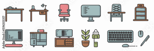 Grid of home office vector icons with tech and furniture – Great for office supply websites, online education tools, or productivity platforms