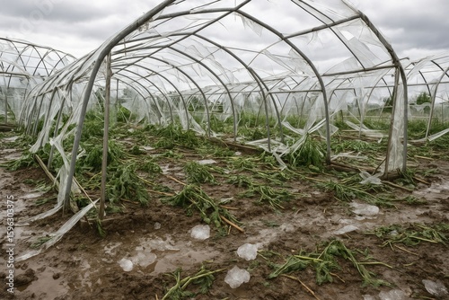 Destroyed greenhouse after hailstorm: broken frames, torn plastic, uprooted plants