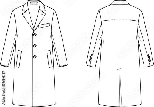 Flat cad sketch of men's long formal coat, front and back view, vector fashion illustration, technical drawing, outerwear design template