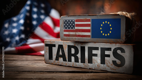 Two metallic blocks, one with the US flag and the other with the EU flag, are stacked on a wooden surface with a 