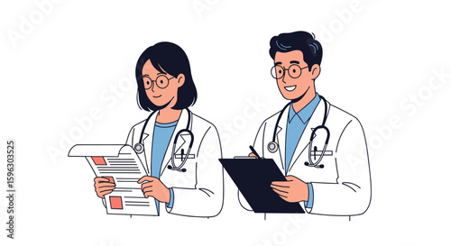 Two doctors examining patient records together discussing medical information and healthcare solutions