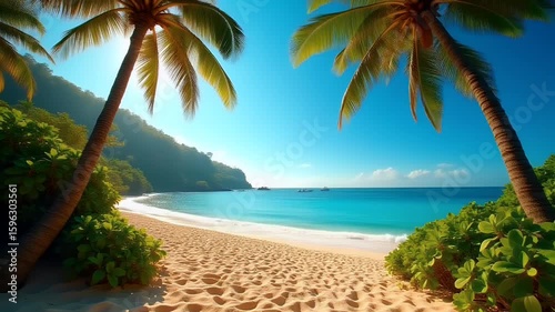 Dreamy cinematic 4K aerial beachscape unveiling pristine southern Sri Lankan shoreline turquoise waves caressing golden sand beneath rustling palms sun kissed atmosphere conveying ultimate summer