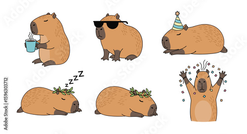 Adorable capybara characters expressing various fun emotions and activities