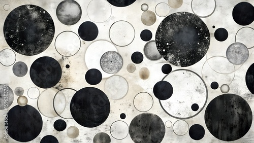 An abstract pattern of circles and dots creates a textured, grunge background