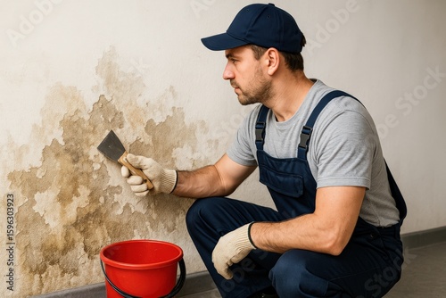 Repairman Fixing Water Damage on Wall