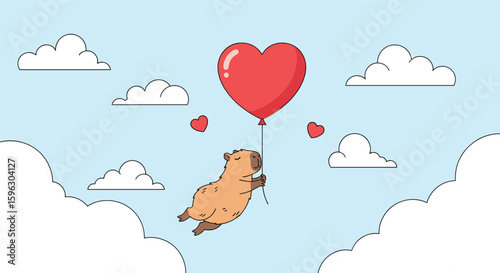 Adorable capybara soaring through clouds carried by a giant heart balloon