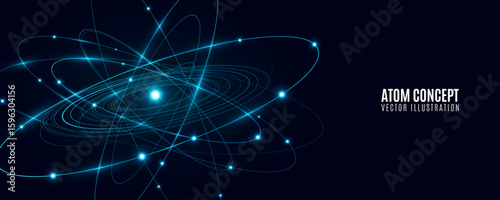 Futuristic glowing atom featuring blue elliptical rings circling a radiant central core on black background. Atomic structure backdrop for scientific research presentation or website. Vector.