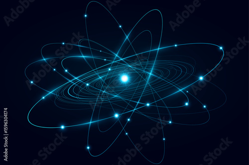 Abstract atomic structure concept for scientific research presentation. Futuristic glowing atom featuring blue elliptical rings circling a radiant central core on black background. Vector illustration