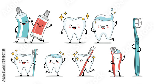 Happy cartoon teeth dancing with toothpaste and toothbrushes promoting good oral hygiene habits