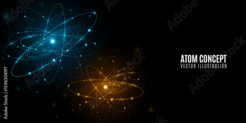 Abstract glowing atoms featuring blue elliptical rings circling a radiant central core on black background. Atomic structure backdrop for scientific research presentation or website. Vector.