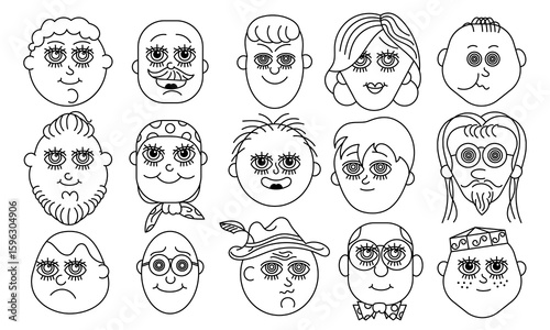 Fifteen male and female faces of different ages and builds in cartoon style. Line art. Vector set