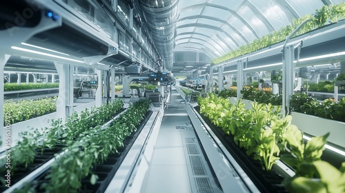 Futuristic indoor farm cultivating plants with controlled environment growing systems