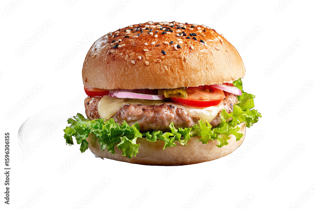 Delicious Cheeseburger with Fresh Vegetables and Sesame Bun, isolated on white transparent background Delicious Cheeseburger with Fresh Vegetables and Sesame Bun, isolated on white transparent background