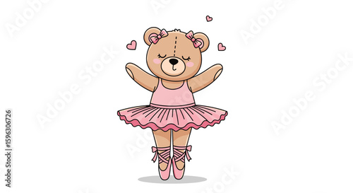 Adorable ballet dancing teddy bear in a pink tutu and pointe shoes spreading love with tiny hearts