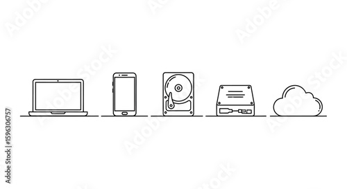 Simple line art illustration of various storage devices connected to a cloud.