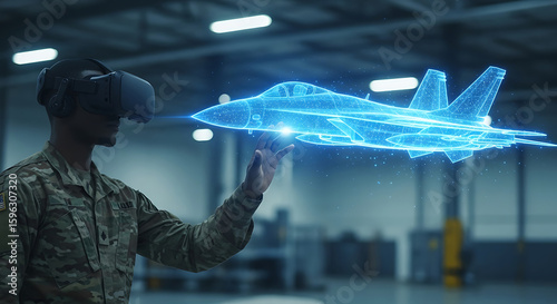 Military Personnel Using Virtual Reality to Design a Fighter Jet soldier interacts with holographic fighter jet model virtual reality headset virtual reality military soldier fighter
