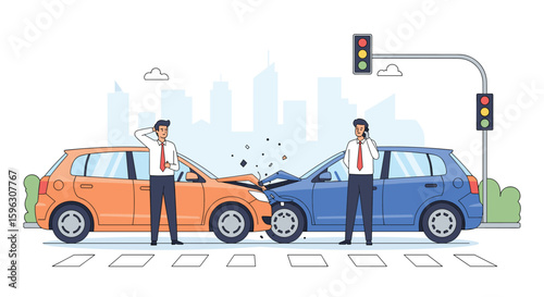 Two cars collide at city intersection causing damage and disrupting traffic flow for commuters