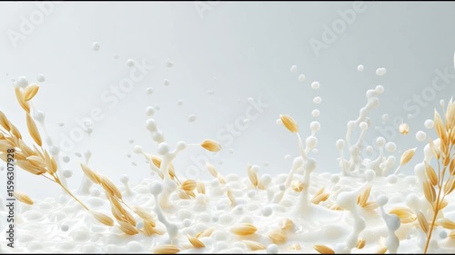 Fresh oat milk splashing with scattered oats in a dynamic composition