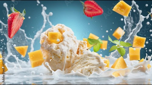 A vibrant food arrangement featuring ice cream, mangoes, strawberries, and milk, showcasing a sense of freshness and delight