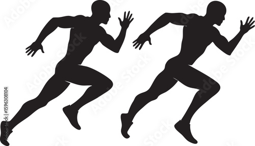 A vector illustration of two male sprinters in dynamic running poses in silhouette