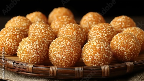 Golden sesame balls on a bamboo tray