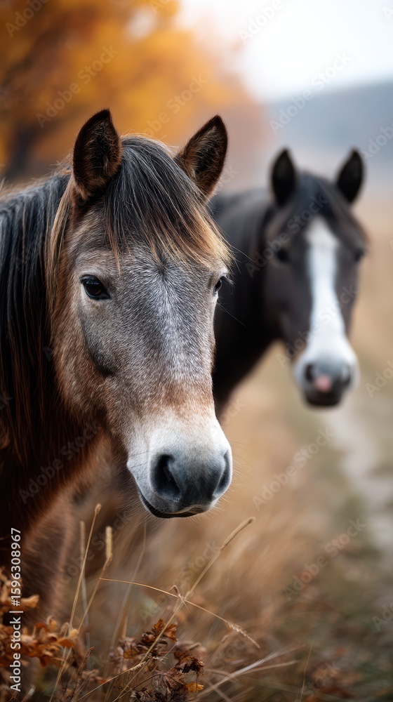 Fototapeta premium Horses in a serene autumn landscape with golden leaves and soft natural light