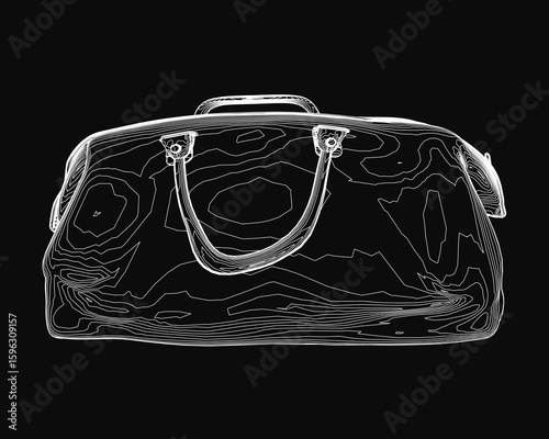 Black and white duffel bag sketch with clean contour lines on a dark background. The bag features two sturdy handles and a glossy rectangular shape. The minimalist drawing highlights the bag's.