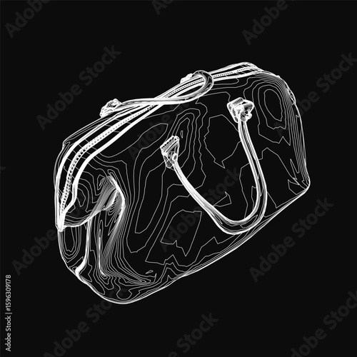 Black duffel bag contour drawing in monochrome style, isolated on dark background. Clean line art with minimalist aesthetic, perfect for branding or fashion projects.