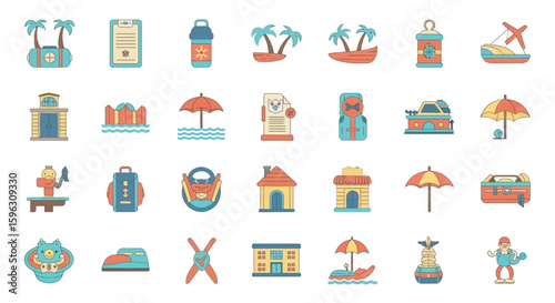Collection of colorful flat design icons representing various travel and vacation related items.