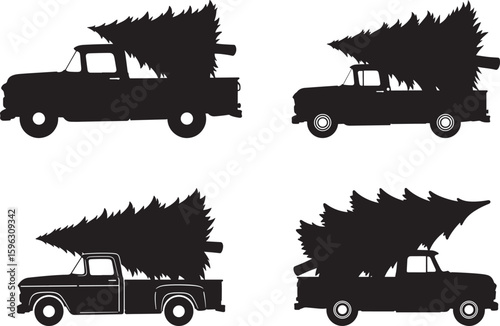 Four vintage pickup trucks carrying christmas trees silhouette