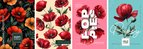 Hand drawn set of floral designs and patterns. Vectorized hand drawn gouache illustrations. high quality illustrations of poppies, flowers and leaves for poster, prints, menu, card or cover