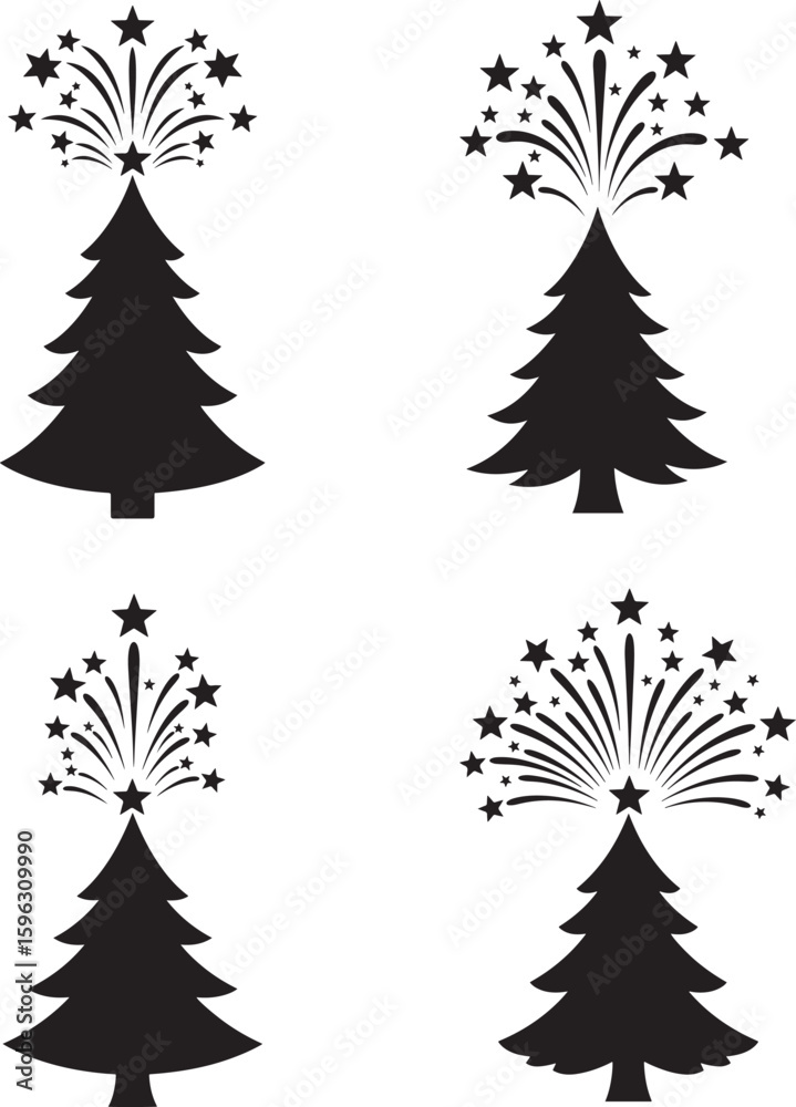 Obraz premium Four black christmas tree silhouettes with fireworks display